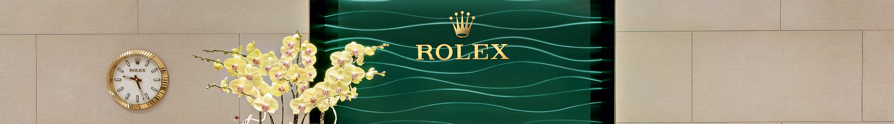 Detail of Rolex boutique with green graphic background
