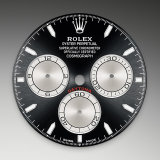Detail image showing Bright black and steel dial for Rolex Cosmograph Daytona 