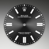 Detail image showing Bright black dial for Rolex Oyster Perpetual 41 