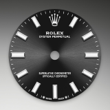 Detail image showing Bright black dial for Rolex Oyster Perpetual 28 