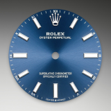 Detail image showing Bright blue dial for Rolex Oyster Perpetual 34 