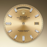 Detail image showing Champagne-colour dial for Rolex Day-Date 40 