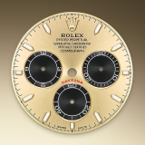 Detail image showing Golden and bright black dial for Rolex Cosmograph Daytona 